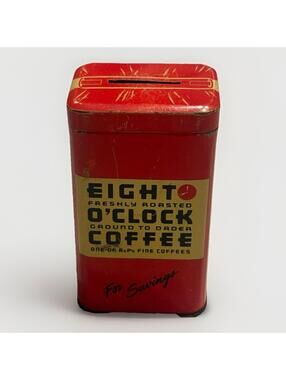 Vintage Eight O’Clock Coffee Red Bank Tin Metal 1950's -1960's